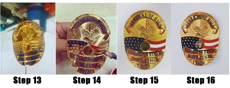the badge making process steps 13 to 16