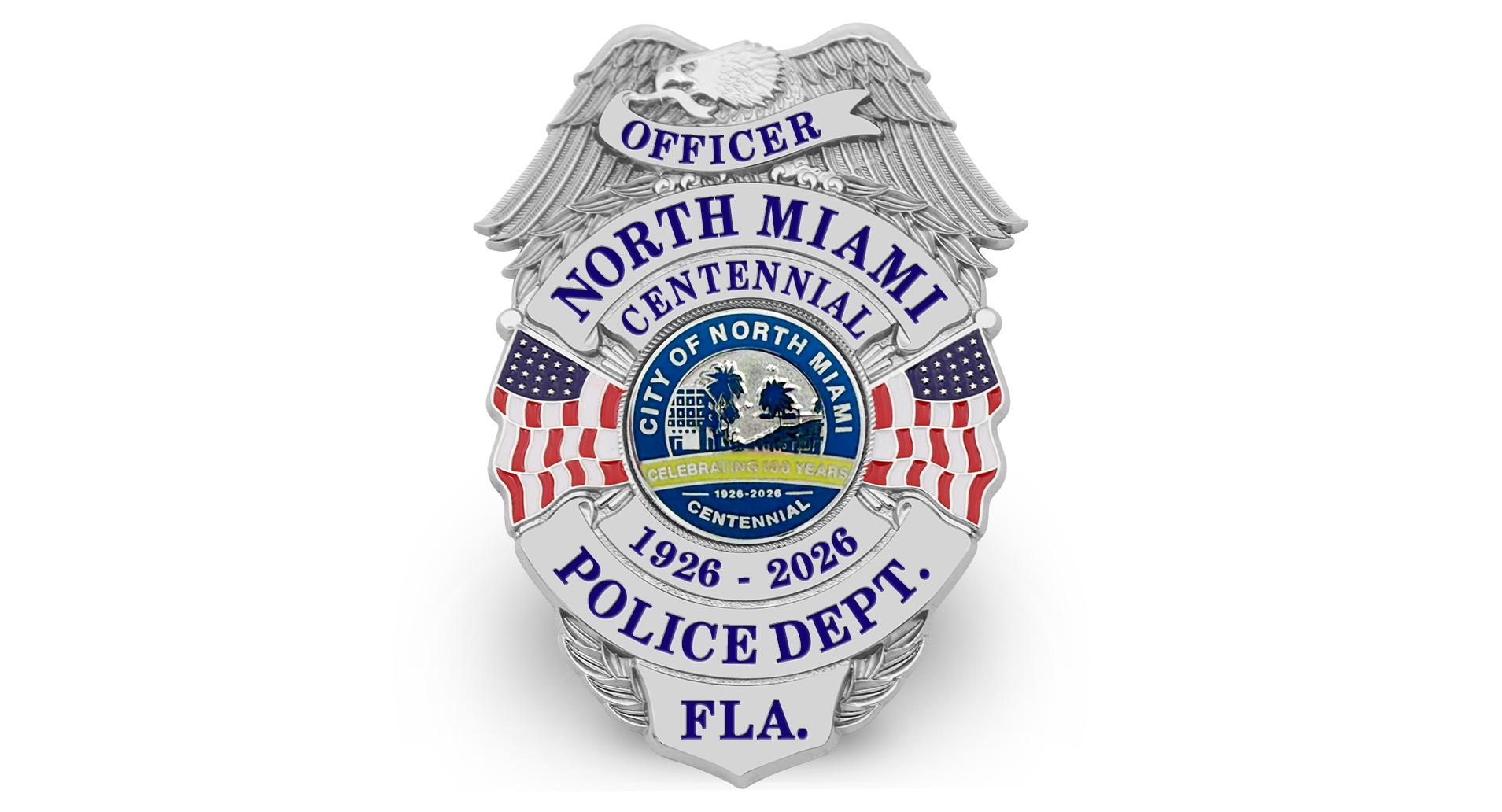 Silver badge with eagle, S702 with North Miami Centennial Seal