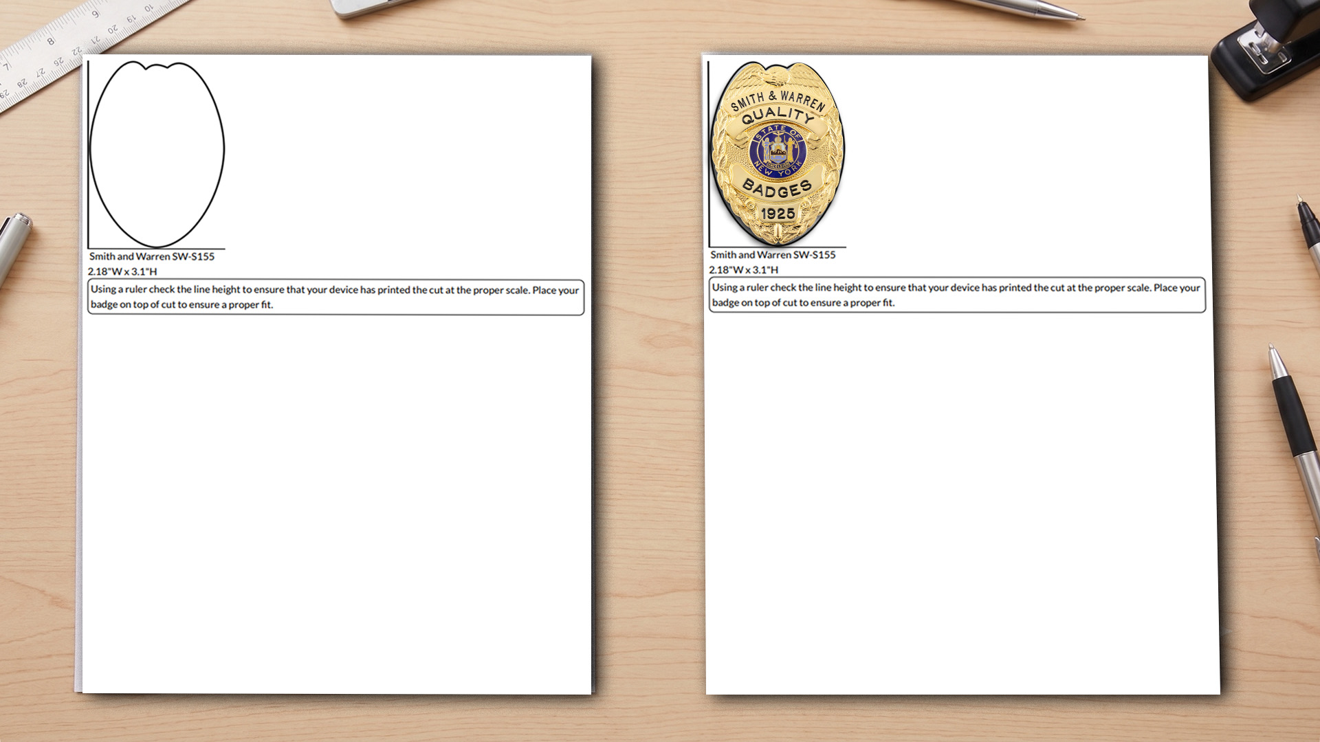 two sheets of paper printed with badge cut