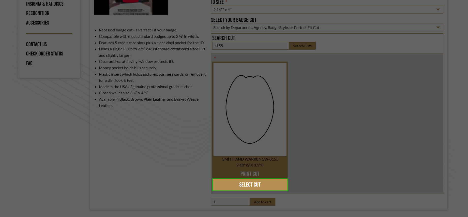 badge and wallet website with select cut highlighted